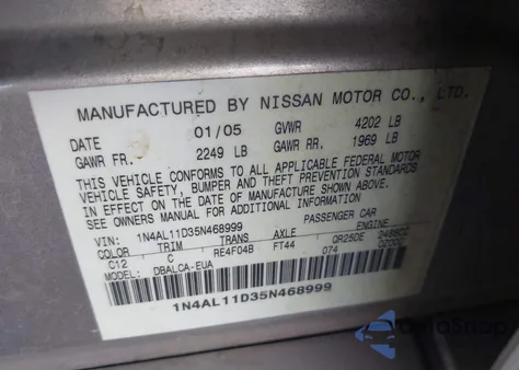 2005 Nissan Altima 2.5 S z USA, uszkodzony, nr VIN 1N4AL11D35N468999